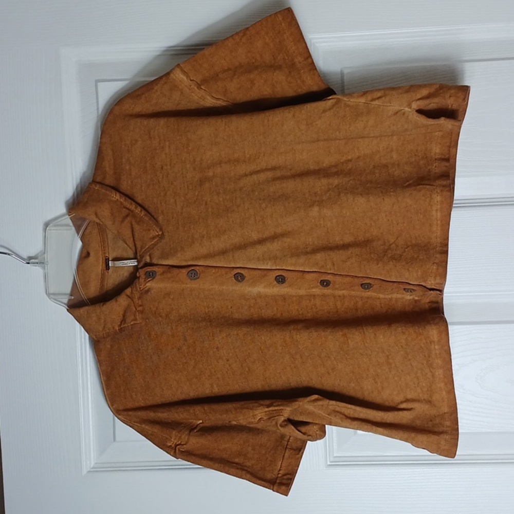 Free People Brown Orange Button-Up Cropped Shirt Women's XS
